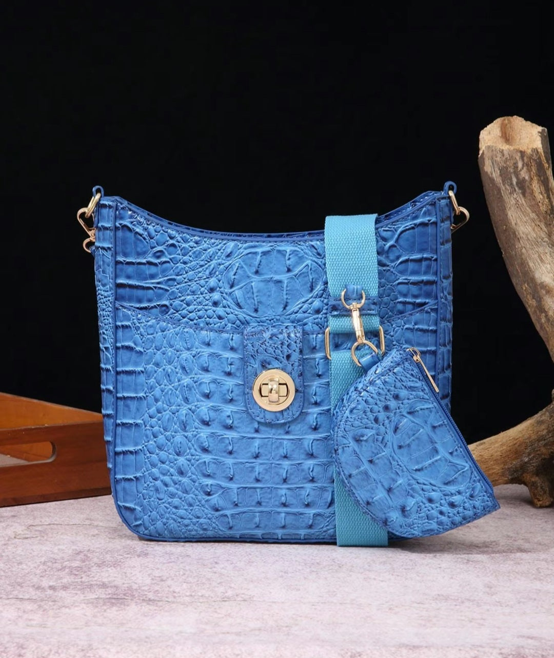 CROCODILE EMBOSSED CROSSBODY SADDLE BAG