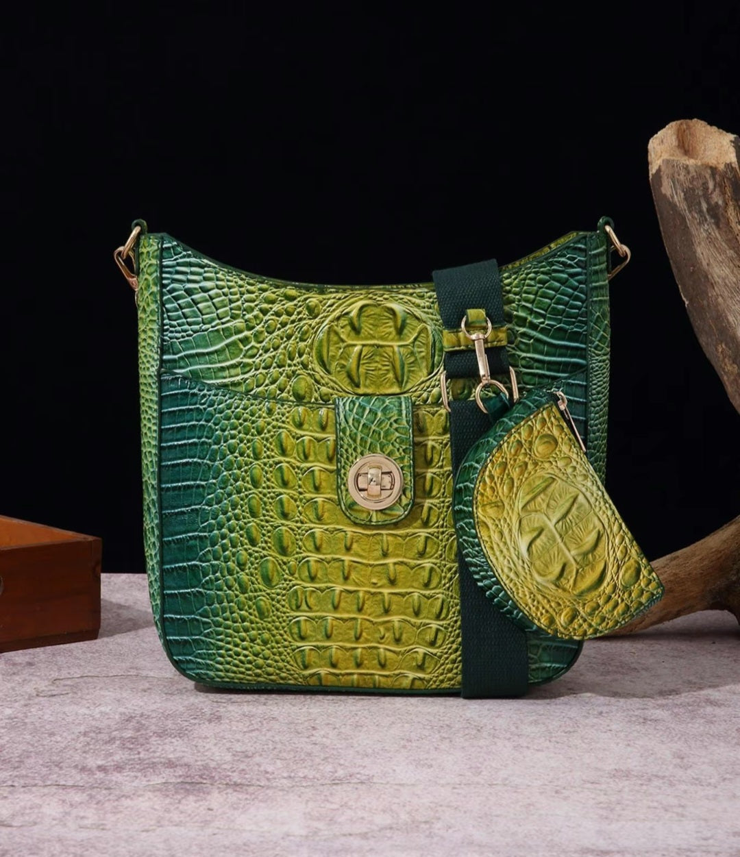 CROCODILE EMBOSSED CROSSBODY SADDLE BAG