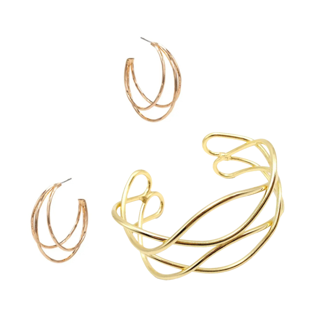 LAYERED HOOP EARRINGS & TWISTED CUFF BRACELET SET