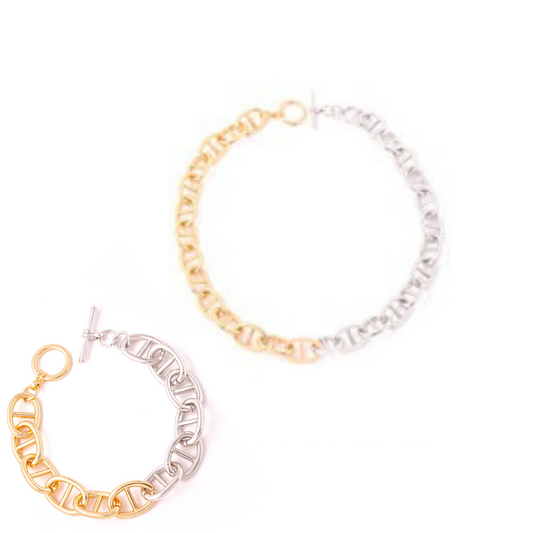 TWO-TONE OVAL TOGGLE CHAIN NECKLACE & BRACELET SET